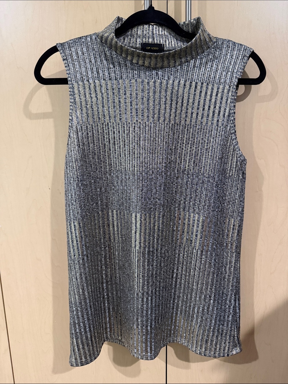 Espresso Silver Ribbed Metallic Mock Neck Tank Top